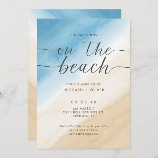 Waterverf aqua blauw op het strand bruiloft kaart (Voorkant / Achterkant)