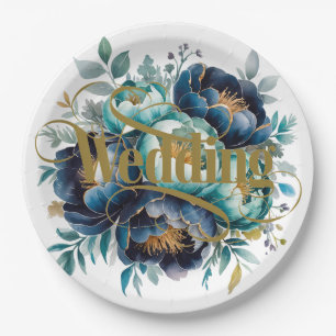Waterverf Aqua Navy Blue Peony Bloemen Huwelijk Papieren Bordje