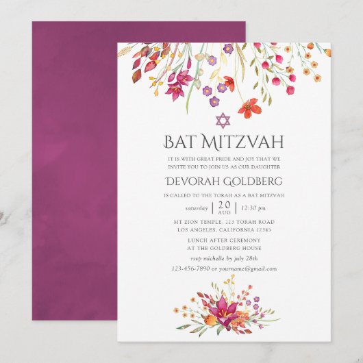 Waterverf Aquarelle Wild Flower Bat Mitzvah Kaart (Voorkant / Achterkant)