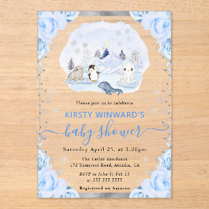 Waterverf Arctische Dieren Floral Baby shower Acryl Uitnodigingen