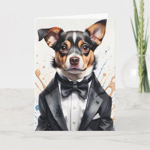 Waterverf Art Schattige Dog Tuxedo Black Bow Strop Kaart