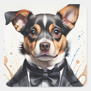 Waterverf Art Schattige Dog Tuxedo Black Bow Strop Vierkante Sticker