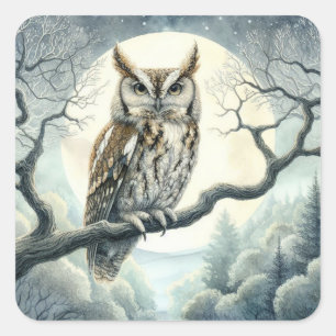Waterverf Art Screech Uil Vierkante Sticker