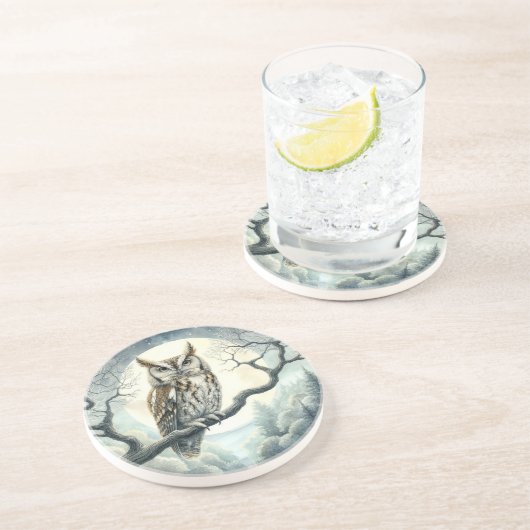 Waterverf Art Screech Uil Zandsteen Onderzetter (Zijkant)