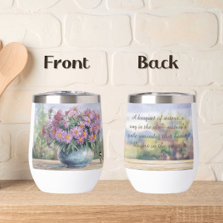 Waterverf Asters en Chickadee Quote Waterfles