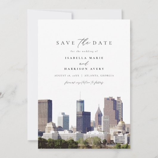 Waterverf Atlanta Georgia Skyline Save the Date Kaart (Voorkant)