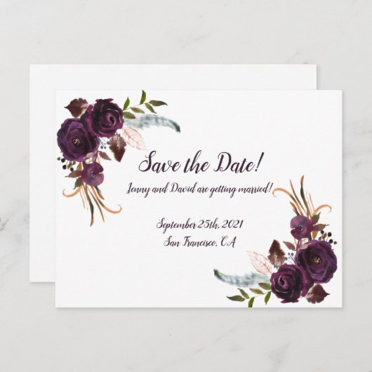 Waterverf aubergine Paarse bloemen opslaan de datu Uitnodiging Briefkaart (Voorkant / Achterkant)