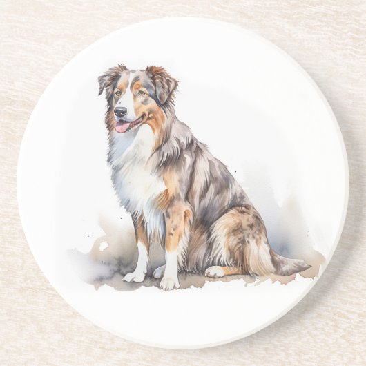 Waterverf Australian Shepherd Zandsteen Onderzetter (Voorkant)