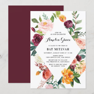 Waterverf Autumn Blooms Diamond Lijst Bat Mitzvah Kaart