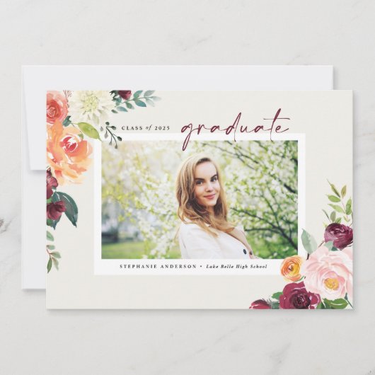 Waterverf Autumn Blooms Foto Afstuderen Kaart (Voorkant)