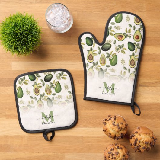 Waterverf Avocado Botanische Patroon Monogrammed Ovenwant & Pannenlap Set (Top down)