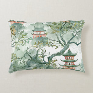 Waterverf Aziatische Pagode in Verdant Landschap ( Accent Kussen