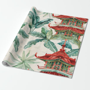Waterverf Aziatische Pagode in Verdant Landschap ( Cadeaupapier