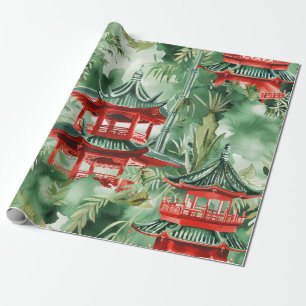 Waterverf Aziatische Pagode in Verdant Landschap ( Cadeaupapier