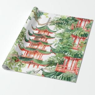 Waterverf Aziatische Pagode in Verdant Landschap ( Cadeaupapier