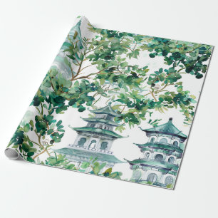 Waterverf Aziatische Pagode in Verdant Landschap ( Cadeaupapier
