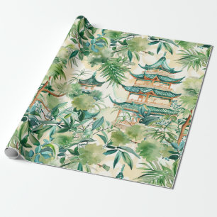 Waterverf Aziatische Pagode in Verdant Landschap ( Cadeaupapier