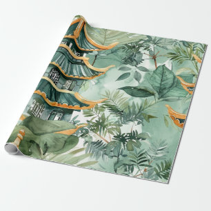 Waterverf Aziatische Pagode in Verdant Landschap ( Cadeaupapier