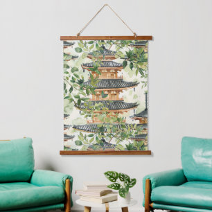 Waterverf Aziatische Pagode in Verdant Landschap ( Hangend Wandkleed