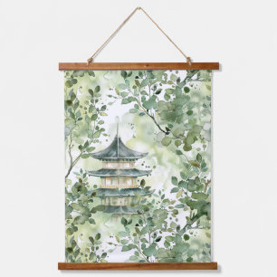 Waterverf Aziatische Pagode in Verdant Landschap ( Hangend Wandkleed