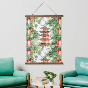Waterverf Aziatische Pagode in Verdant Landschap ( Hangend Wandkleed
