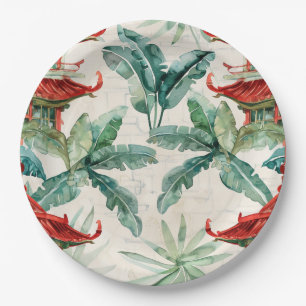 Waterverf Aziatische Pagode in Verdant Landschap ( Papieren Bordje