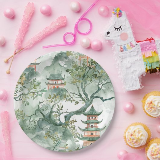 Waterverf Aziatische Pagode in Verdant Landschap ( Papieren Bordje (Feest)