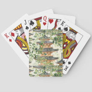 Waterverf Aziatische Pagode in Verdant Landschap ( Pokerkaarten
