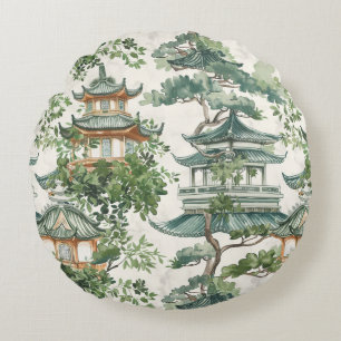 Waterverf Aziatische Pagode in Verdant Landschap ( Rond Kussen