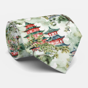 Waterverf Aziatische Pagode in Verdant Landschap ( Stropdas