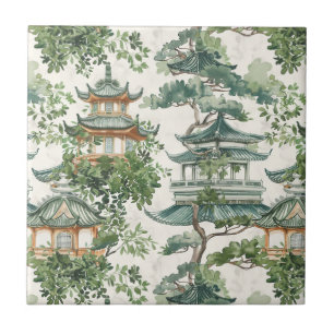 Waterverf Aziatische Pagode in Verdant Landschap ( Tegeltje