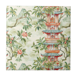 Waterverf Aziatische Pagode in Verdant Landschap ( Tegeltje