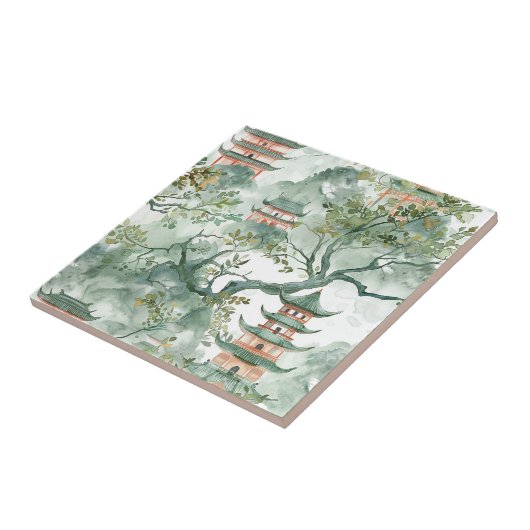 Waterverf Aziatische Pagode in Verdant Landschap ( Tegeltje (Zijkant)