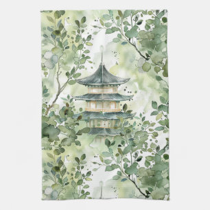 Waterverf Aziatische Pagode in Verdant Landschap ( Theedoek