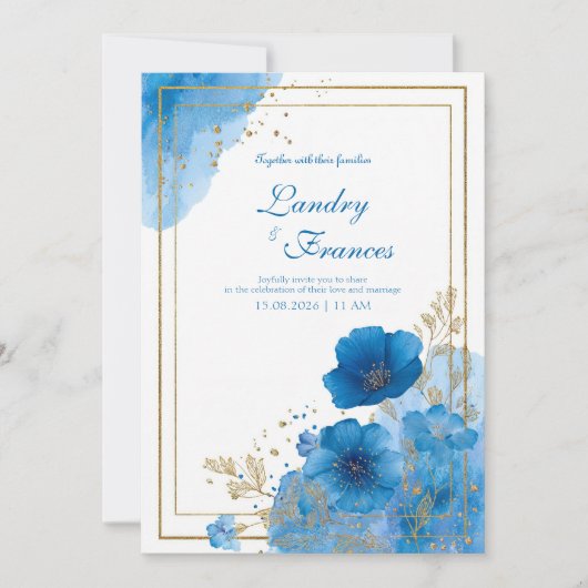 Waterverf Azure Blue Floral & Gold Lijst Wedding Kaart (Voorkant)