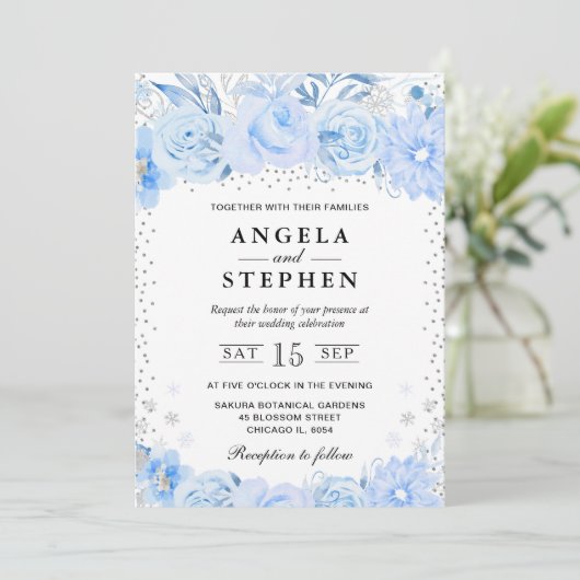 Waterverf Baby Blauw Winterbloemen Bruiloft Kaart (Staand voorkant)