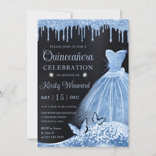 Waterverf Baby Blue Glitter Dress Quinceanera Kaart (Voorkant)