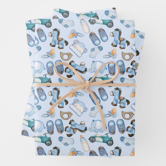 Waterverf Baby Boy Pattern met speelgoed Clothes B Inpakpapier Vel (In situ)