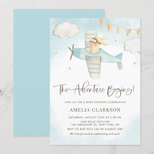 Waterverf Baby Bunny Airplane Blue Baby shower Kaart