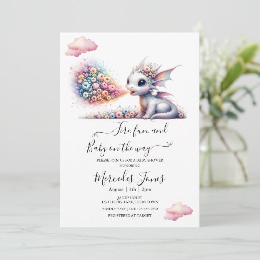 Waterverf Baby Dragon met regenboogbloemen vuur Kaart (Staand voorkant)