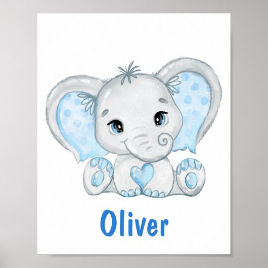 Waterverf Baby Elephant Blue Boy Nursery Poster (Voorkant)