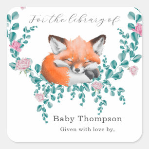 Waterverf baby fox in bloei - voor de bibliotheek vierkante sticker