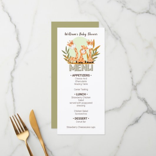 Waterverf Baby Giraffe, Baby shower Menu (Voorkant / Achterkant in situ)