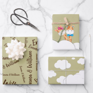 Waterverf Baby Giraffe Safari tweeling Birthday Inpakpapier Vel