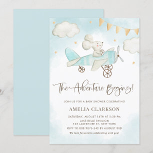 Waterverf Baby Mouse Vliegtuig blauw Baby shower Kaart