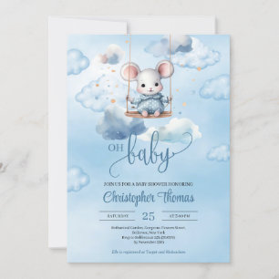 Waterverf baby muis op schommel in de blauwe lucht kaart