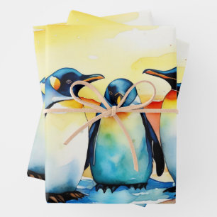 Waterverf Baby pinguïn spelen in de sneeuw Inpakpapier Vel