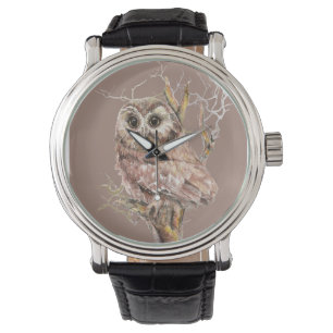 Waterverf Baby Zag Whet Uil in Tree Bird Art Horloge