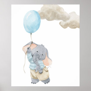 Waterverf Babykamer Slaapkamer Mooie Olifant Blauw Poster