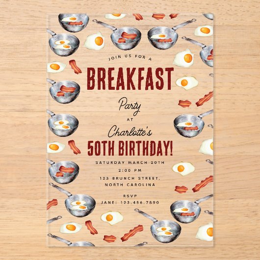 Waterverf Bacon & Eggs Ontbijt Brunch Verjaardag Acryl Uitnodigingen (Voorkant)